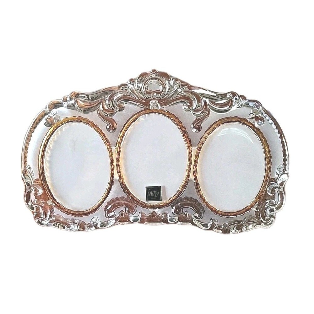 Mikasa Ornate Princess Lead Crystal Etched Glass Gold Oval 3 Photo Frame 13 x 8"